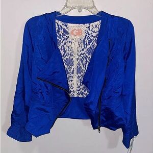NWT- Women’s Gianni Bini Royal Blue With White Lace Cropped Moto Jacket Size S